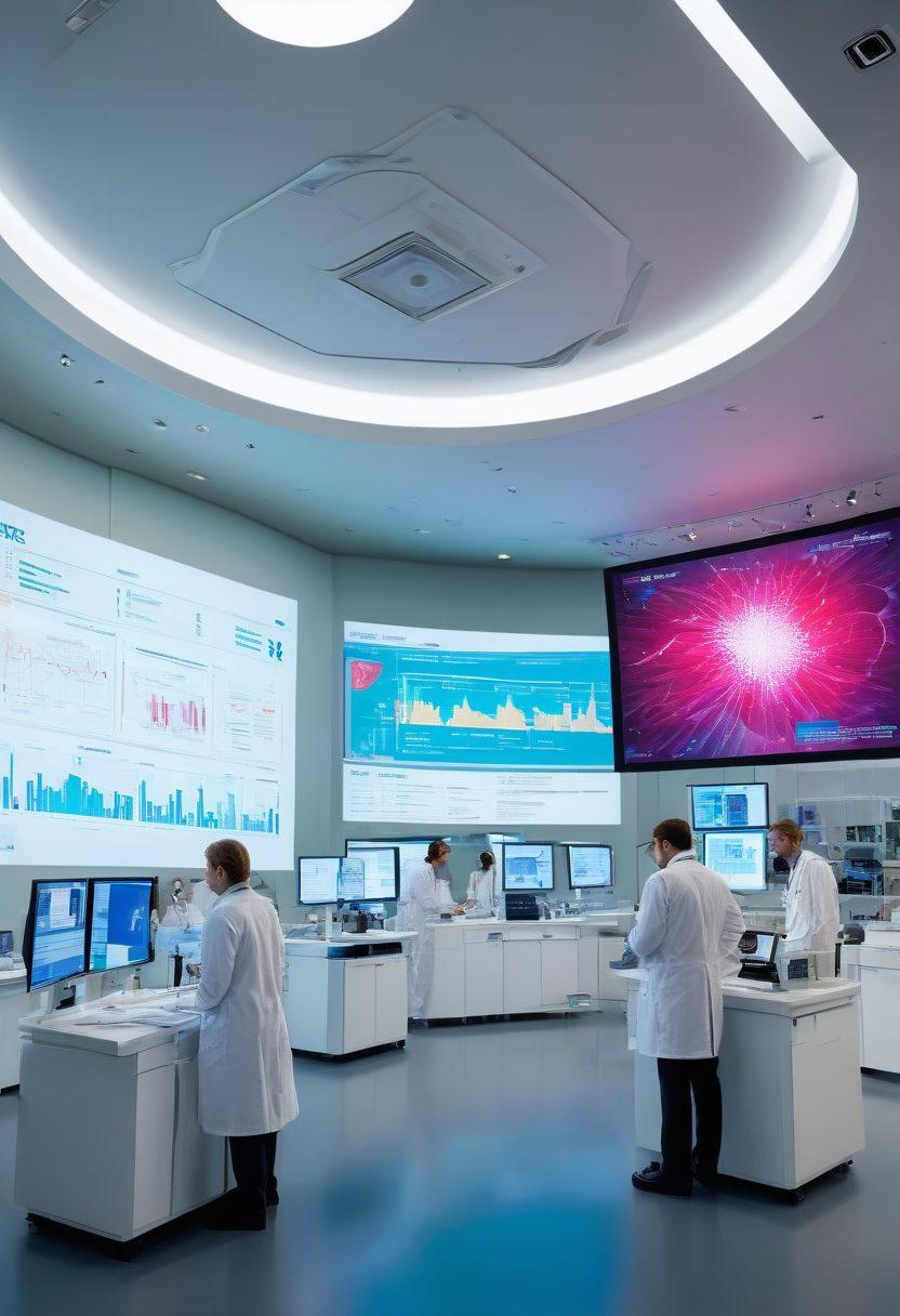 A modern laboratory setting with scientists in white coats collaborating on innovative medical inventions, displaying vials of vaccines and high-tech equipment. In the background, a large screen shows dynamic data and futuristic graphs highlighting Pfizer's contributions to medicine. The atmosphere is bright and inspiring, symbolizing innovation and hope. super-realistic. vibrant colors. modern style.