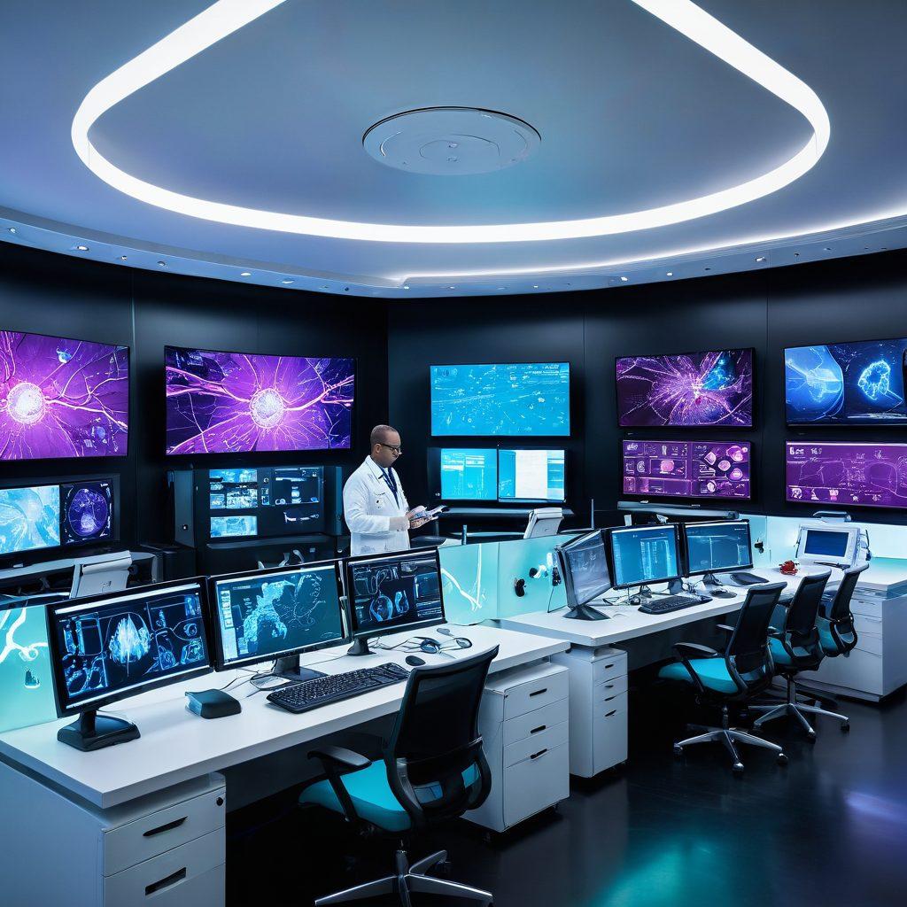 A futuristic laboratory setting, showcasing scientists collaborating on innovative health technologies, with Pfizer branding subtly integrated. Display advanced therapeutic tools and vibrant health data visualizations on screens, symbolizing breakthroughs in medicine. Emphasize a sense of optimism and progress with a dynamic blend of colors. super-realistic. vibrant colors. tech-inspired.